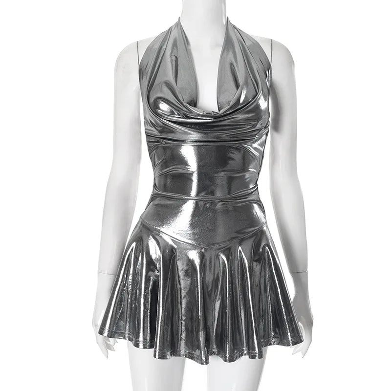 STYLISH LADY Shiny Metallic Pleated Dress 2025 Summer Women Halter Backless Luxury Silver Gold Club Party Evening Mini Dresses