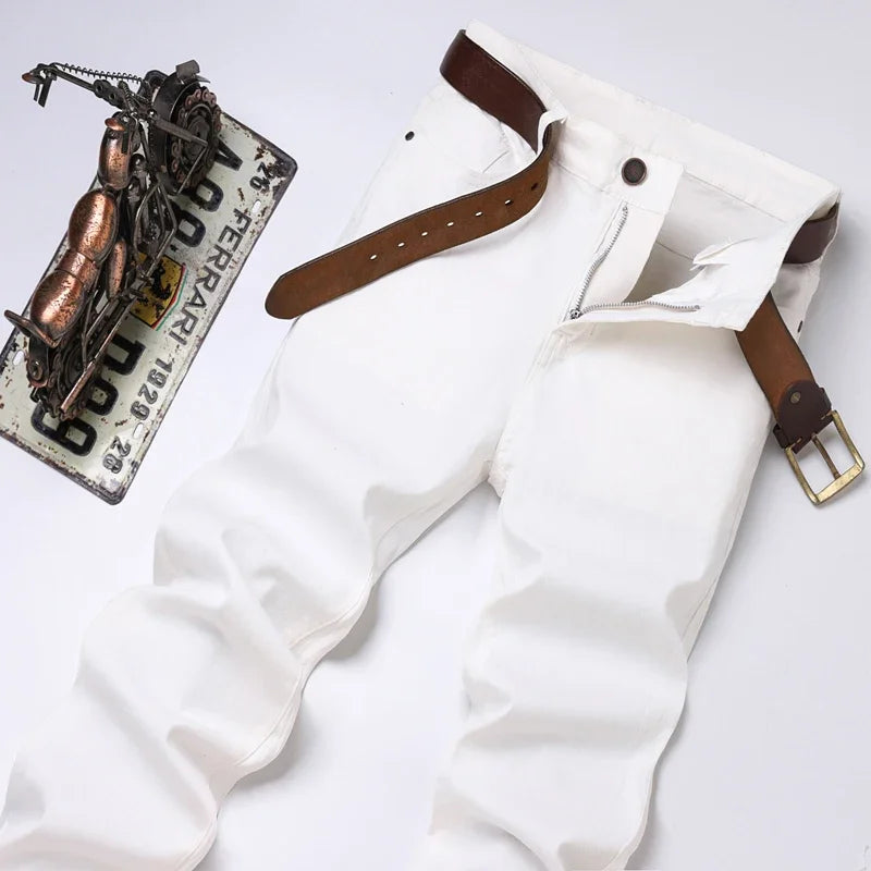 White Yellow Pink fashion 5 Color Men's Cotton Casual Pants Jeans Slim Straight Solid Color Business Trousers Four Seasons Brand