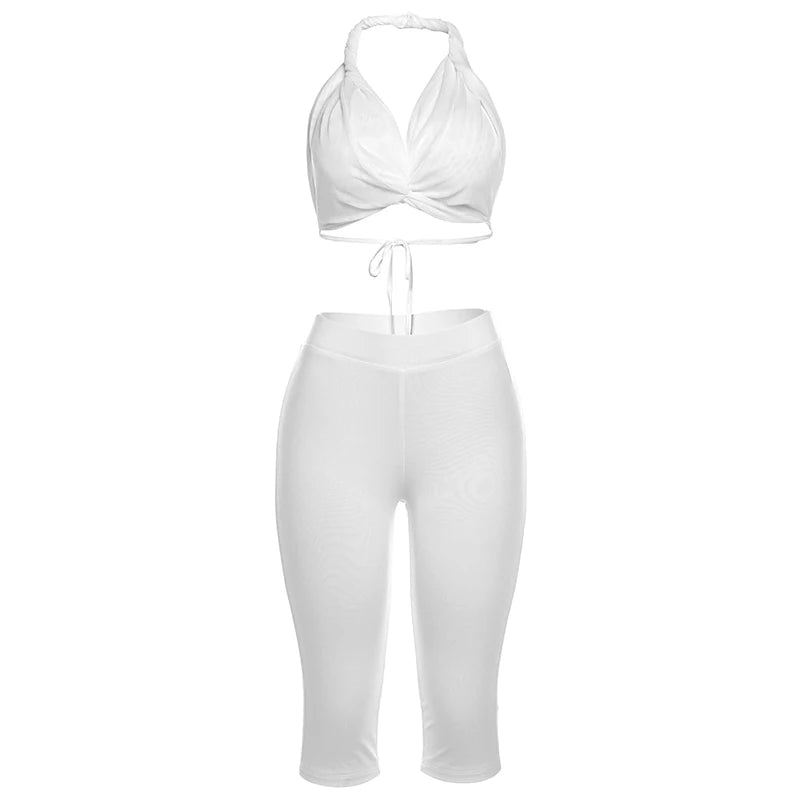 Weird Puss Sexy Women 2 Piece Set Summer Trend Mesh Thin Whip Halter Tank Tops+Wide Waist Shorts Matching Street Club Outfits
