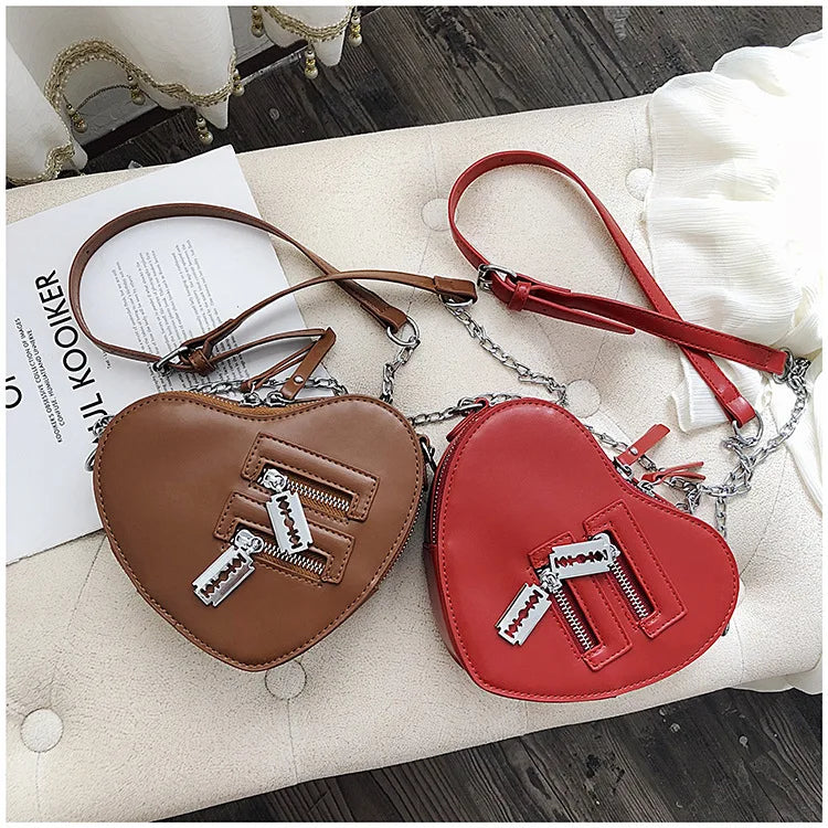 Gothic Heart Blade Zipper Chain Crossbody Bags for Women Girl Casual Shoulder Purses Handbags Techwear Summer Wallet Goth