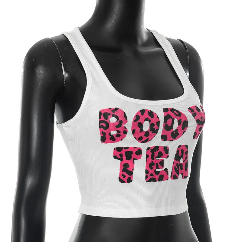 HLJ&GG Y2K Summer New Letter Tank Top Two Piece Sets Women Round Neck Sleeveless Vest + Sequin Leopard Shorts Outfits Streetwear