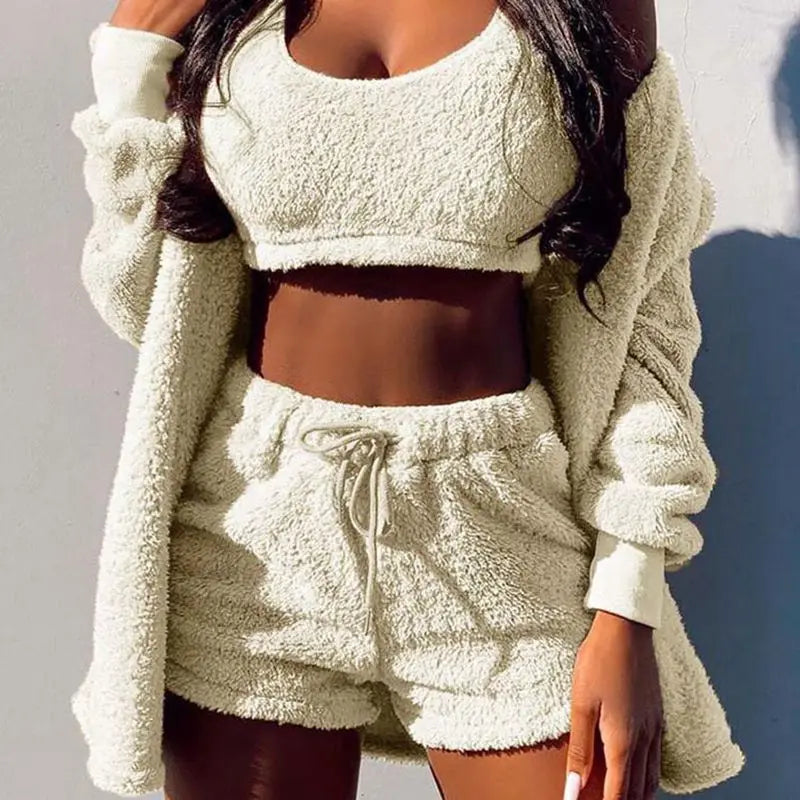 Fluffy Pajamas Set for Women Casual Sleepwear Tank Top and Shorts Plus Size Hoodie Leisure Homsuit Winter Teddy 3 Pieces Pijamas