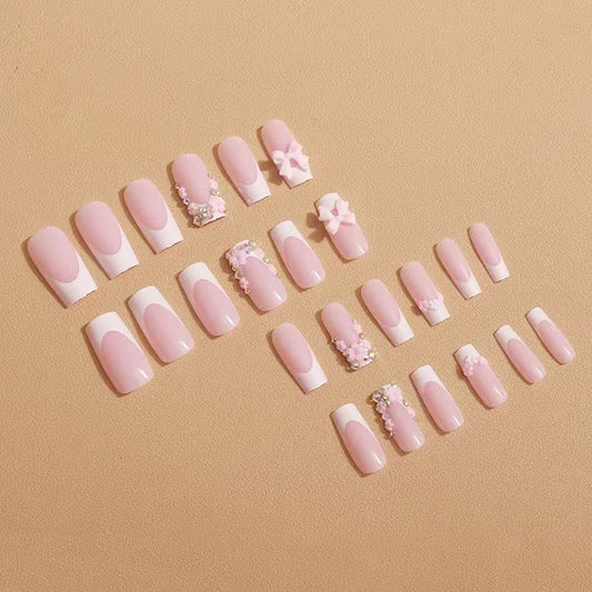 24pcs Nude Pink False Nails Patches 3D Bowknots Flower Press On Nails 2024 New Wearable White French Style Fake Nail Tips