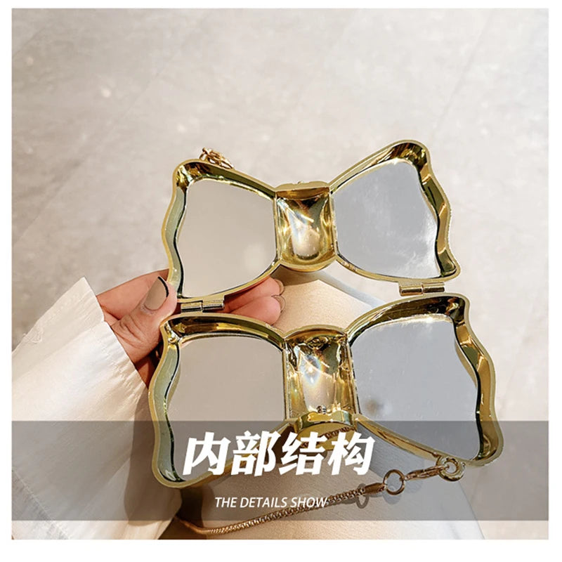 New Mini Evening Bag Metal Purse Crossbody Handbag for Girls Kid Women Bowknot Chain Shoulder Bag for Party Wedding