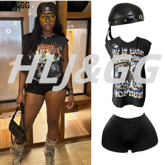 HLJ&GG Fashion Street Letter Print Tshirts Two Piece Sets Women O Neck Sleeveless Top And Shorts Outfits Y2K Female Streetwear