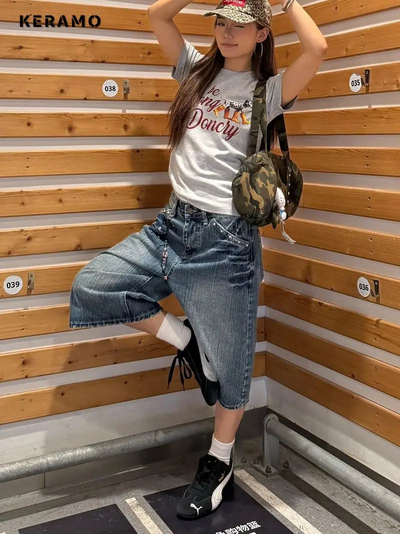 Harajuku Street Style Y2K Vintage Shorts High Waist Baggy Punk Blue Jean Women Casual Loose Fit Calf Length jeans Shorts