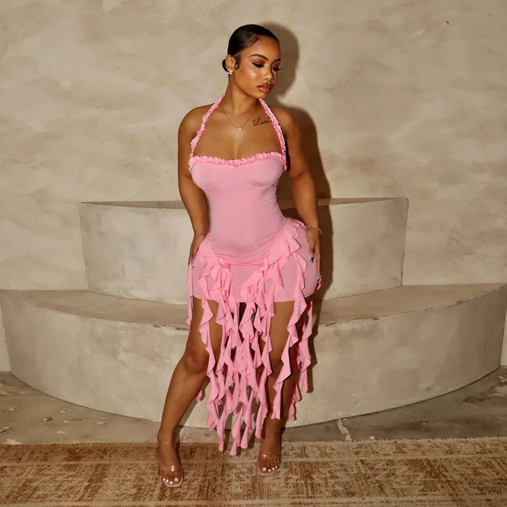 Weird Puss Sexy Halterneck Dress Women Chic Irregular Tassel Hem Backless Midnight Skinny Stretch Birthday Party Club Bodycon