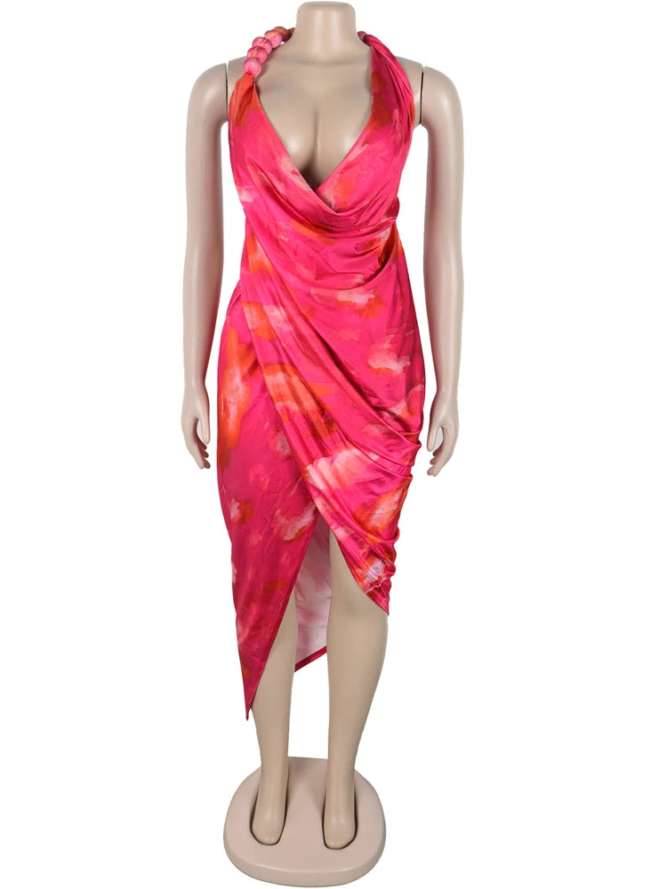 Kricesseen Tropical Women's Halter Neck High Slit Tie Dye Midi Dress Summer Bandage Beach Dress Swimwear Beach Cover-Up Dress