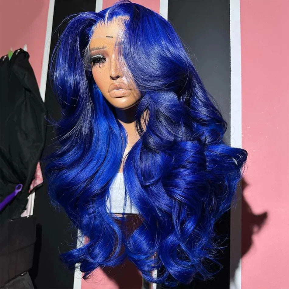 13x4 Dark Blue Transparent Lace Front Human Hair Wig For Women Pre Plucked Navy Blue Colored Body Wave HD Lace 13x6 Frontal Wigs