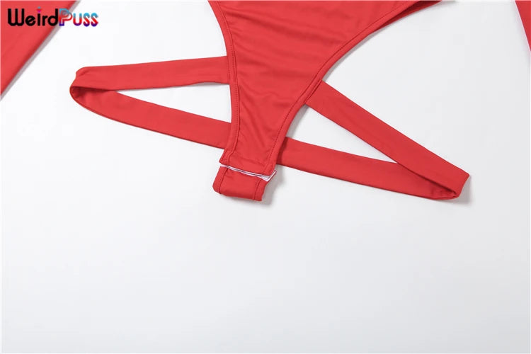 Weird Puss Hollow Backless Bodysuit Woman Summer Sexy Hottie Long-Sleeve Solid O-Neck Bandage Chic Bodyshape Skinny Clubwear Top
