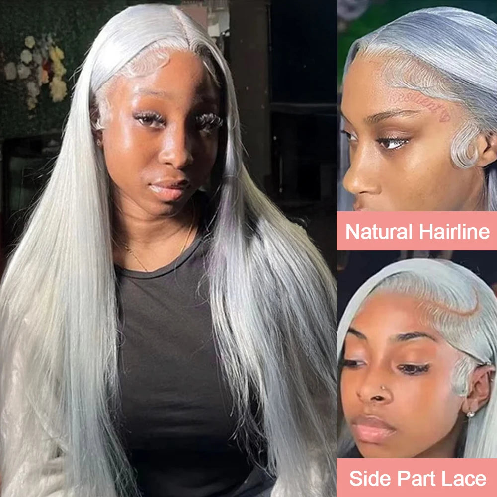 Silver Grey Straight Lace Front Human Hair Wig 40 Inches Colored HD Transparent 13x6 Lace Frontal Wig for Women Preplucked 250%