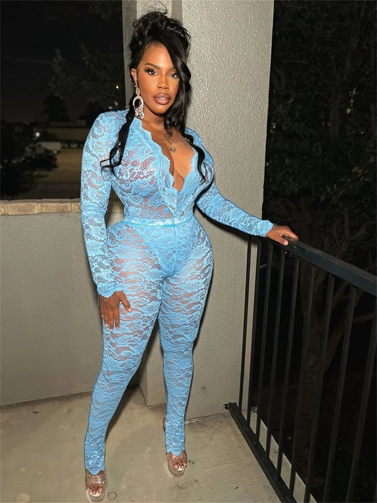 STYLISH LADY See Through Lace 2 Piece Set Women Long Sleeve Bodysuits and Skinny Pant Suits 2025 Summer Sexy Hollow Out Outfits