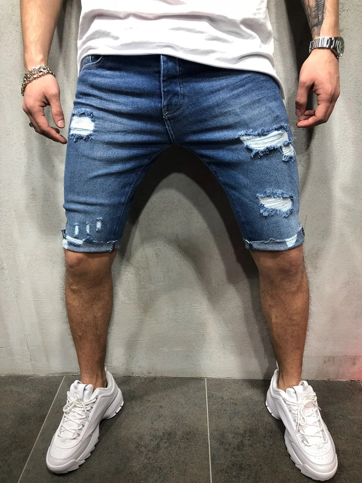 Summer Ripped Skinny Denim Shorts for Men with Distressed Ripped Cat Whiskers Hip Hop Streetwear Short Pants Men's Pants