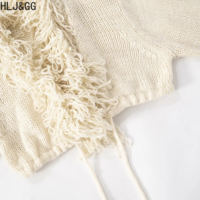 HLJ&GG Apricot Sexy Knitting Tassels Bandage Two Piece Sets Women Long Sleeve Hollow Crop Top And Side Slit Mini Skirts Outfits