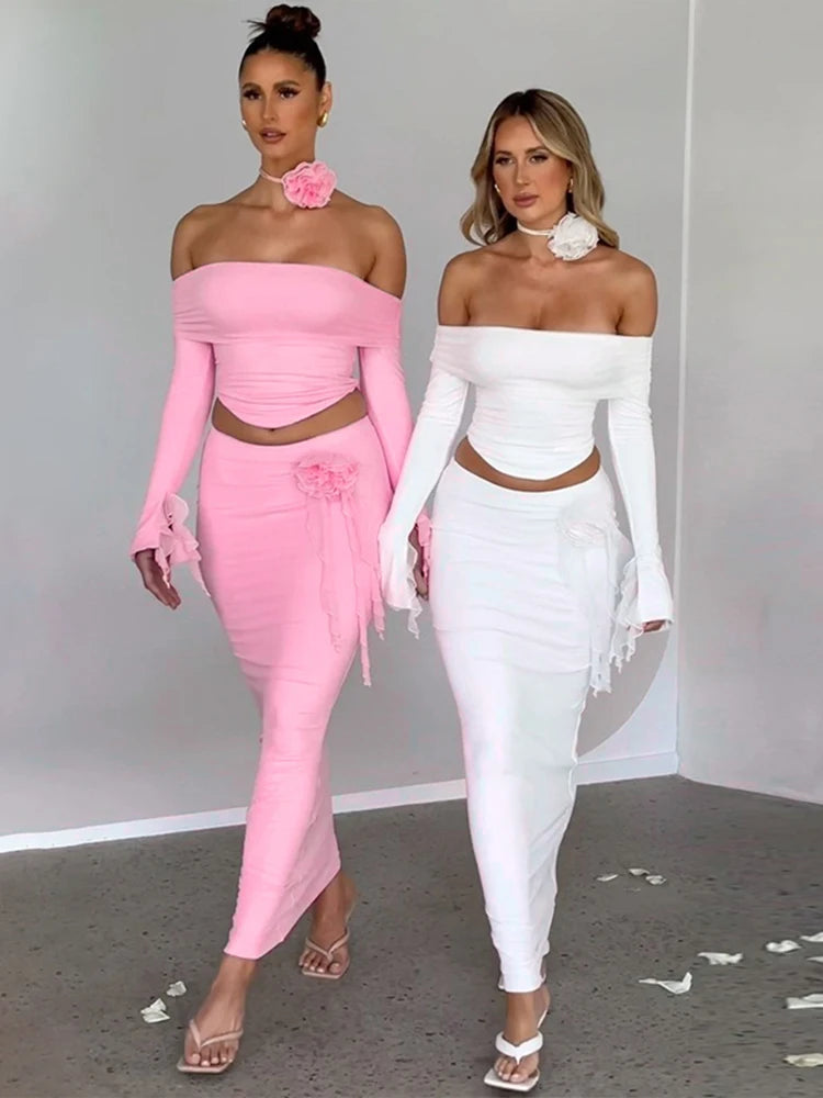 Dulzura Matching Suit Neck Accessories 3D Flower Off Shoulder Long Trumpet Sleeves Crop Top Tassel Maxi Skirt 2024 Autumn Women