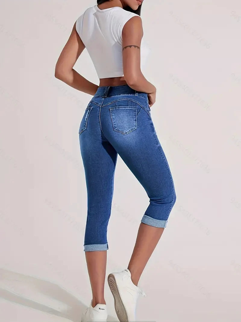 Ladies Jeans Plus-size tight capri pants High Waisted Rolled Hem Double Button Fly Trendy Casual Summer Essential