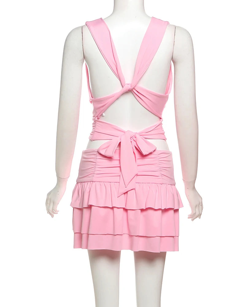 Weird Puss Sexy Chic 2 Piece Set Women Halter Swing Collar Tank Tops+Tierred Skirts Matching Beach Vacation Elegant Clubwear