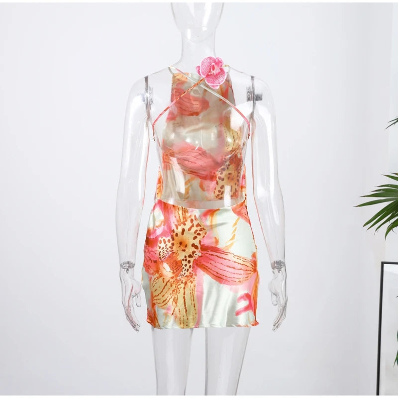 Backless Satin Short Dress Women Sexy 3D Flower Print Lace Up Sleeveless Halter Dresses 2025 Summer Beach Vacation Lady Vestisos
