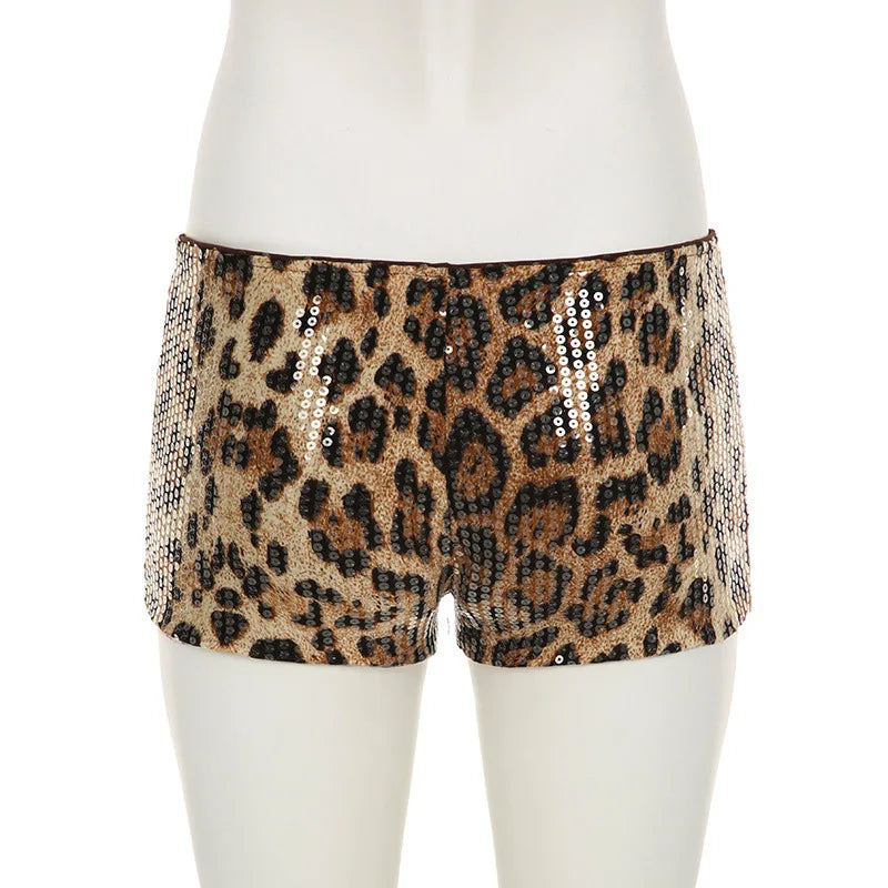 HLJ&GG Fashion Y2K Sequin Leopard Shorts Two Piece Sets Women Round Neck Short Sleeve Slim Crop Top And Shorts Outfit Streetwear