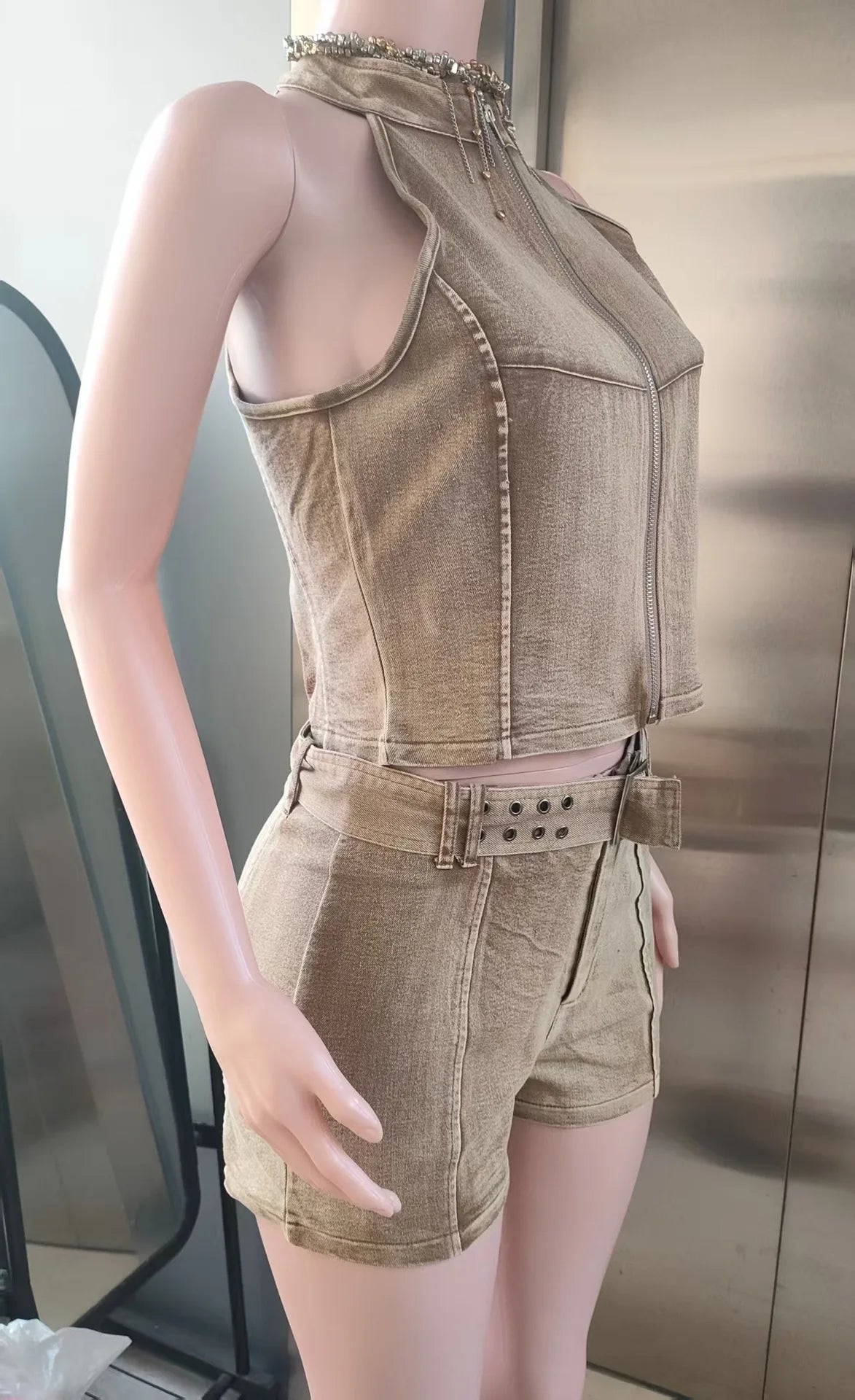Weird Puss Distressed Style jeans 2 Piece Set Women Zipper Cardigan Sleeveless Crop Top+Skinny Shorts Hottie Street Hipster Suit