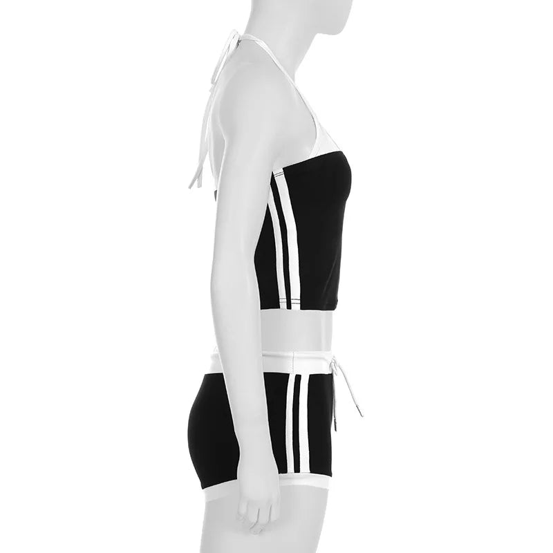 HLJ&GG Sexy Letter Printing Baddie 2 Piece Sets Outfits Spaghetti Strap Halter Backless Tank Crop Tops + Shorts Suits Streetwear