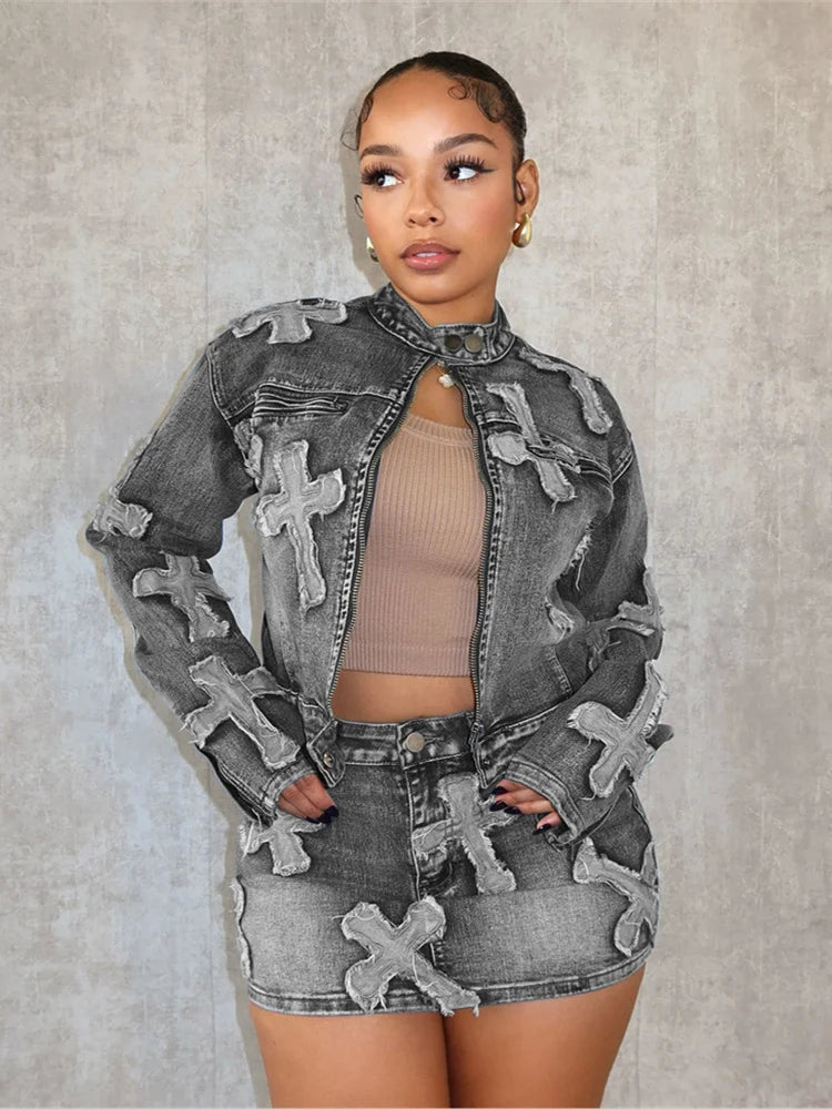 Weird Puss Vintage Women 2piece Set Half High Collar Zip Jacket+High Waist Mini Skirt Hipster Streetwear jeans Embroidery Suits