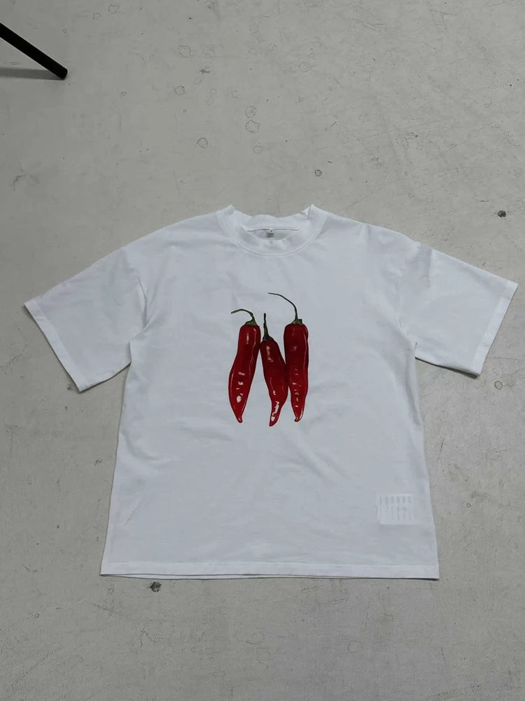 STYLISH LADY Chili Printed T Shirts 2025 Summer Women Short Sleeve O Neck Casual Loose White Streetwear Tops Tees
