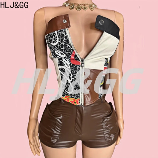 HLJ&GG Brown Y2K Fashion Leather Cargo Shorts Two Piece Sets Women Off Shoulder Zip Slim Crop Top And Shorts Outfits Streetwear