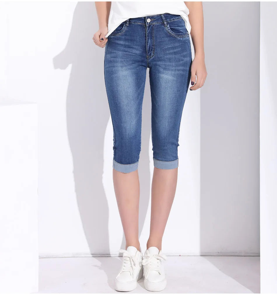 Ladies Jeans Pants Ladies Cropped Trousers Skinny Knee Length Jeans female Elastic High Waist Mom Jeans Oversize