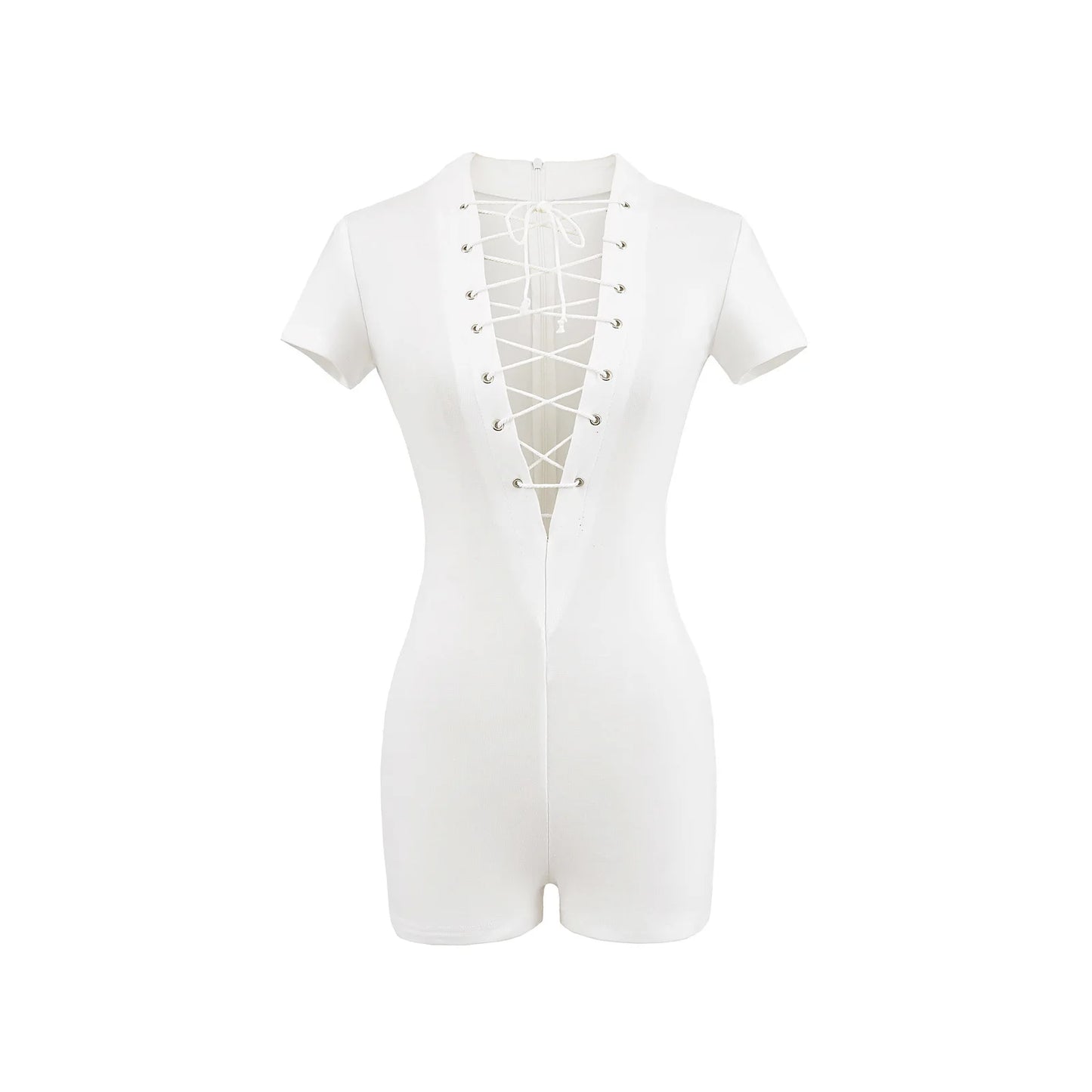 HLJ&GG Sexy Hollow Out Bandage Bodycon One Piece Rompers Women V Neck Short Sleeve Slim Jumpsuits Fashion Overalls Streetwear