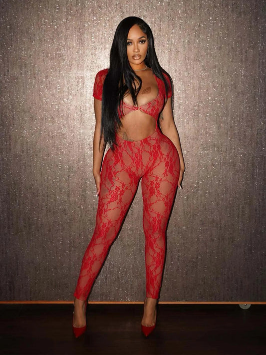 Weird Puss Sexy Backless Fitness Jumpsuit Women Hollow Short Sleeve Jacquard Skinny Activity Midnight See Through Long Overalls