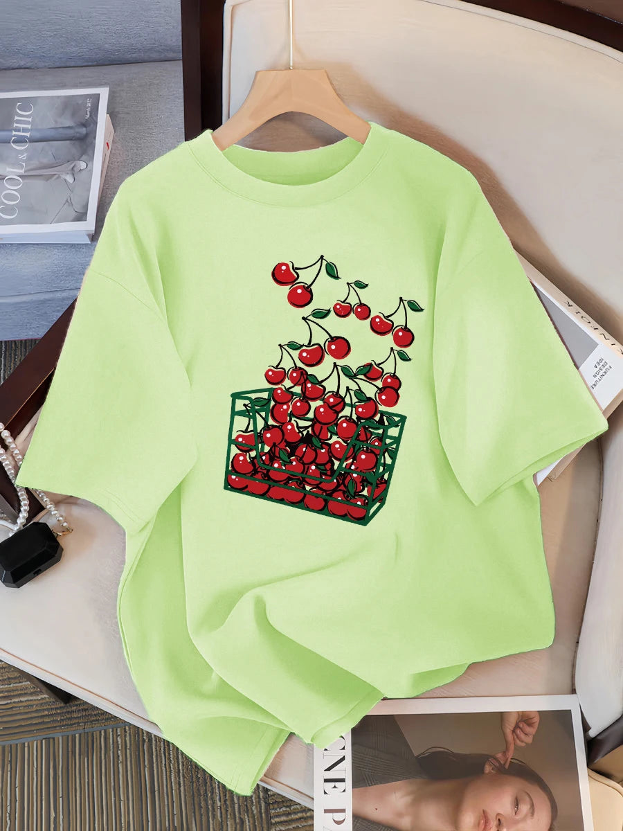 A Basket Of Cherries Printing Female Tee Shirt Breathable Casual T-Shirts Summer Short Sleeve Soft Loose Streetwear Women