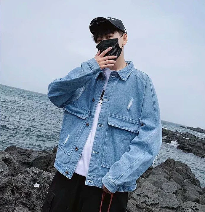 Button Short Casual Slim Cowboy Coat for Men Korean Popular Clothes Denim Jackets Man Loose New In Designer Branded Rock Lxury