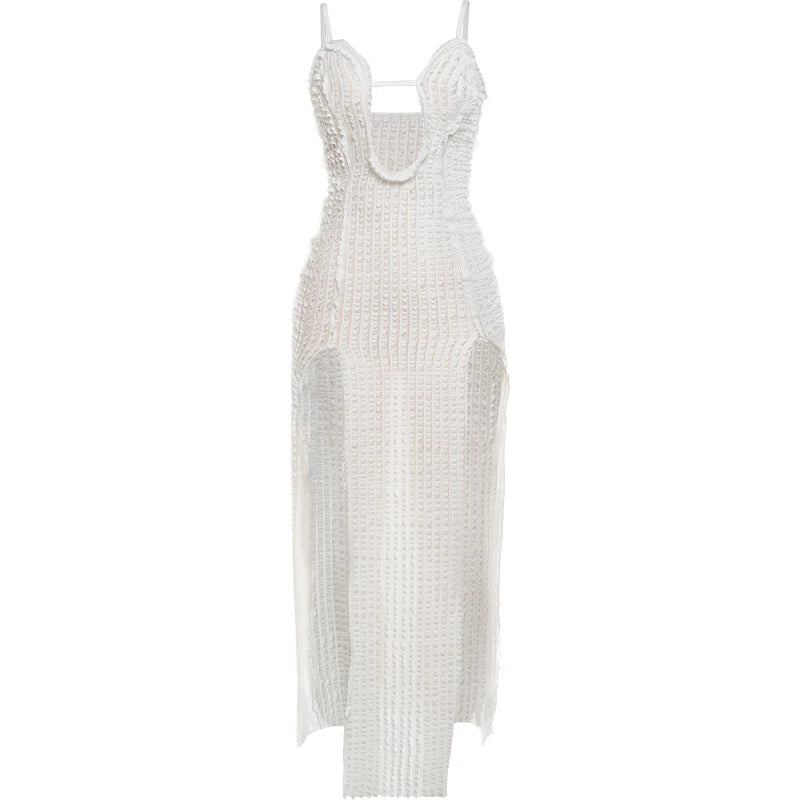 Weird Puss Patchwork Lace Sexy Dress Women See Through Summer Sleeveless Deep v-Neck Split Long Slim Bodycon Vacation Clubwear