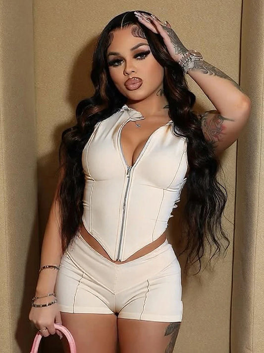 Weird Puss Lines Patchwork 2 Piece Set Women Zipper Cardigan Irregular Crop Top+Skinny Peach Hip Shorts Simple Sporty Streetweas