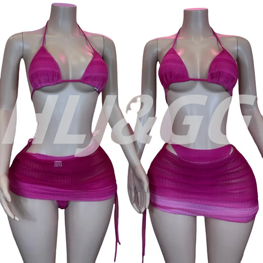 HLJ&GG Sexy Gradient Pink 3 Piece Sets Woman Bikini Outfit Halter Backless Crop Top + Underpants + Skirt Female Swimwear New
