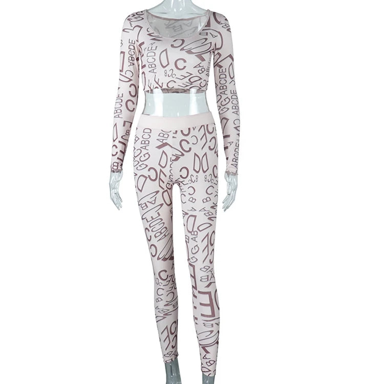 STYLISH LADY Letter Printed Sporty 2 Piece Set Women Long Sleeve Crop Top and Skinny Pant Suits 2025 Summer Sexy Street Outfits