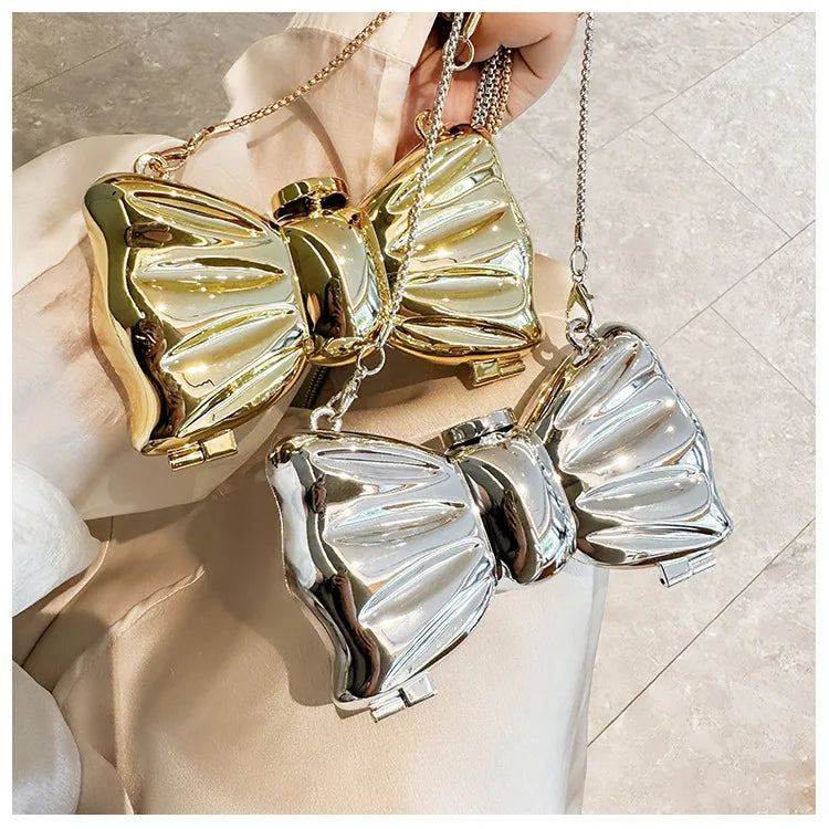 New Mini Evening Bag Metal Purse Crossbody Handbag for Girls Kid Women Bowknot Chain Shoulder Bag for Party Wedding