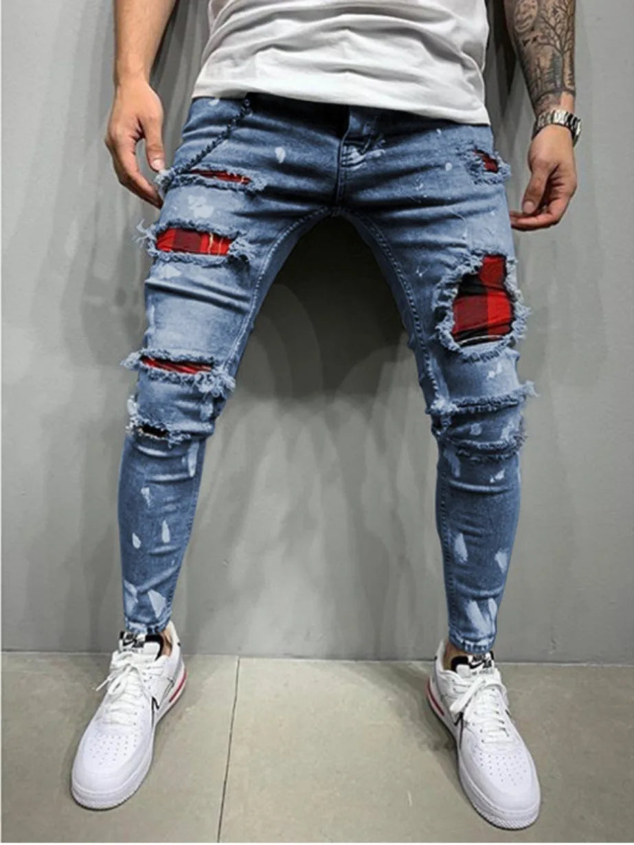 High Quality Fashion Men Painted Stretch Skinny Jeans Slim Fit Ripped Distressed Pleated Knee Patch Casual Men's Brand Clothing