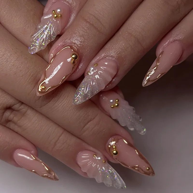 24pcs Flower Pattern Fake Nail Korean Sweet Pink Almond False Nail Tips for Lady Girl Wearable Detachable Simple Press on Nails