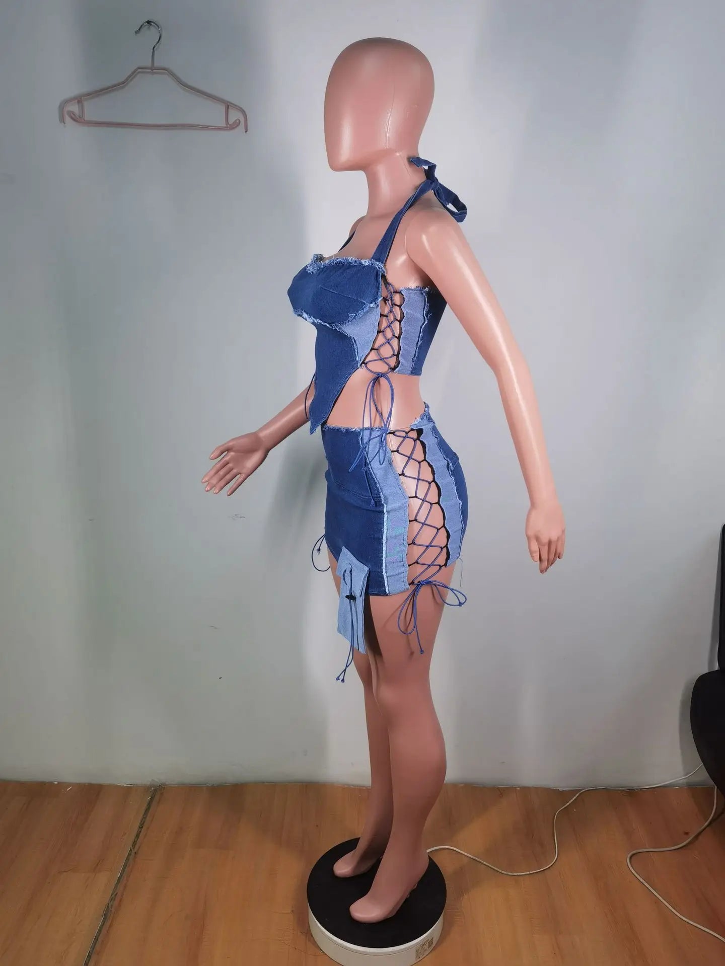 Weird Puss Hollow Bandage jeans 2 Piece Set Women Irregular Halter Zipper Sleeveless Crop Tops+Distressed Patchwork Skirts Suit