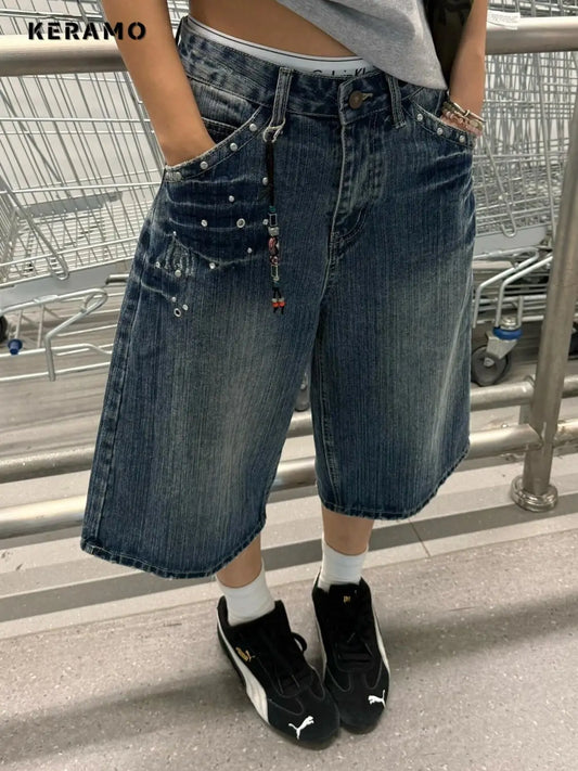 Harajuku Street Style Y2K Vintage Shorts High Waist Baggy Punk Blue Jean Women Casual Loose Fit Calf Length Denim Shorts