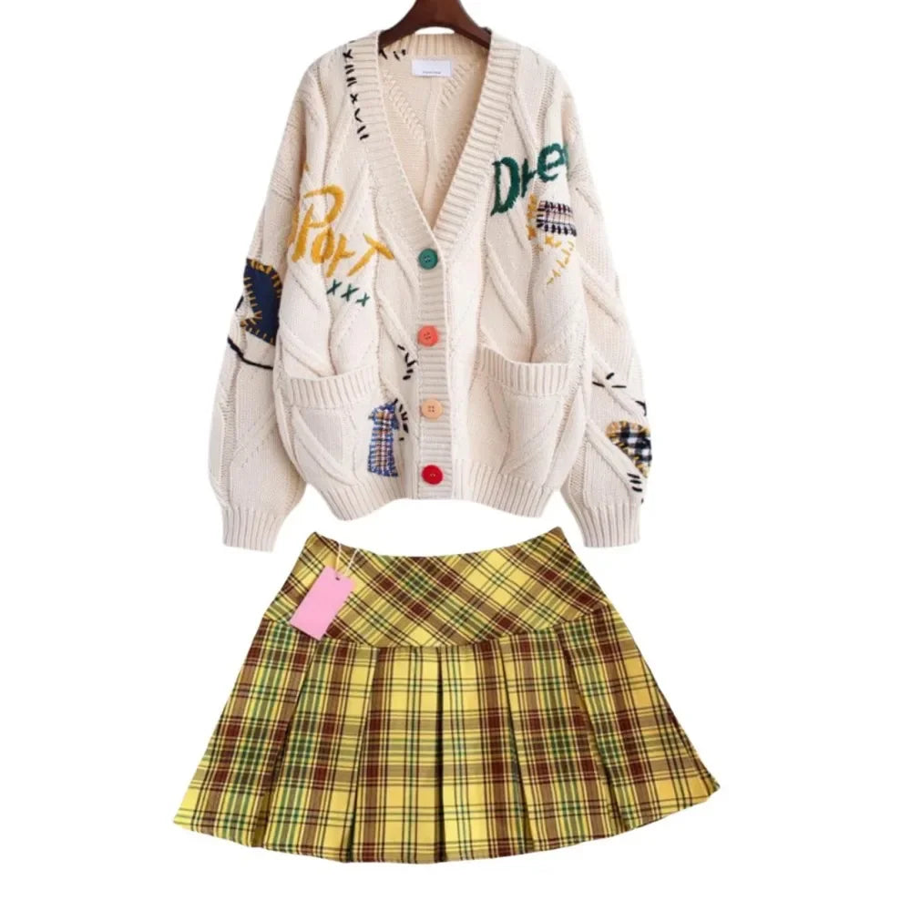 HLJ&GG Winter Embroidery Knit Sweater Coats Two Piece Sets Women Button Long Sleeve Top And Plaid Aline Skirts Outfit Streetwear