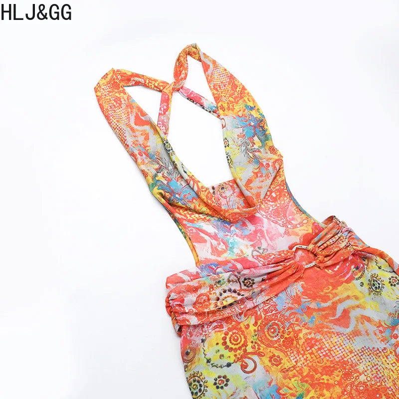 HLJ&GG Sexy Deep V Mesh See Though Bandage Long Dresses Women Tie Dye Print Sleeveless Backless Slim Vestidos Fashion Streetwear
