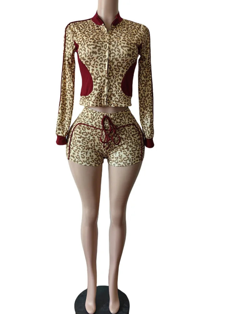 Kricesseen Fashion Women Leopard Print Zippers Jacket Top And Matching Shorts Set 2 Piece Outfits Night Clubwear Female Overalls