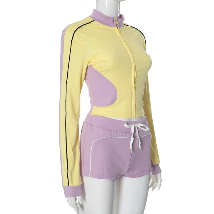 STYLISH LADY Contrast Color Sporty 2 Piece Set Women Long Sleeve Zipper Crop Top and Drawstring Short Suits 2025 Workout Outfits