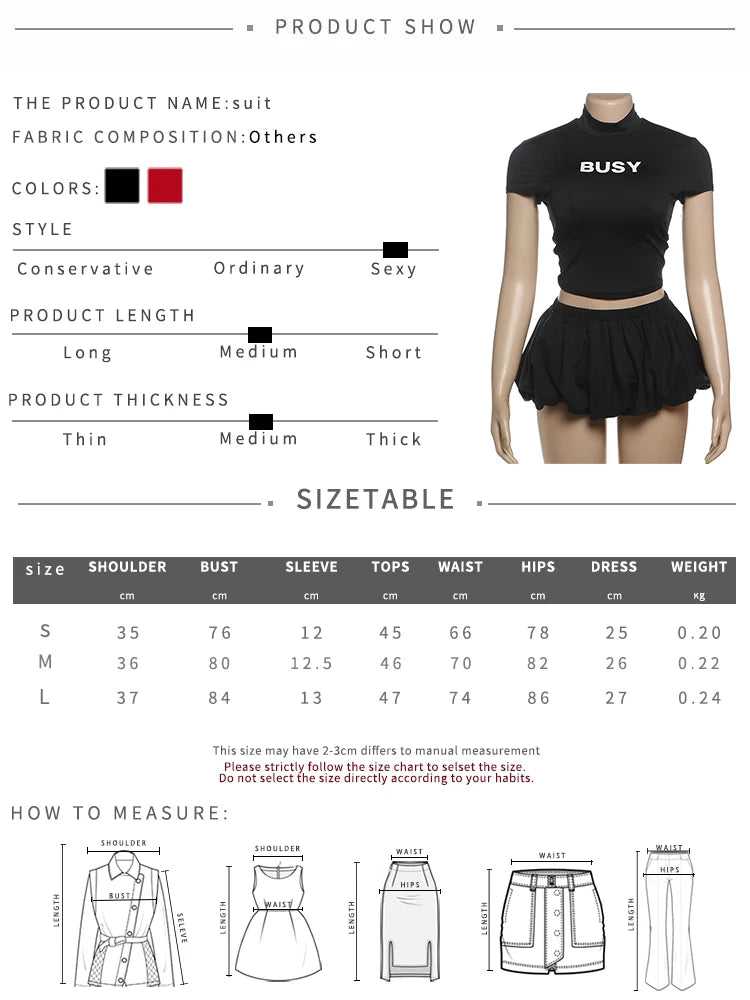 Weird Puss Casual 2 Piece Set Women Letter Print Shorts Sleeve Crop Tops+Puffy Skirt Simple Basic Matching Streetwear Outfits