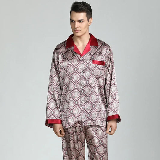 Silk Satin Pajamas for Men Sleepwear Cozy Soft Print Long Sleeve Nightgown Tops + Trousers Two Pieces Mens Pajama Set