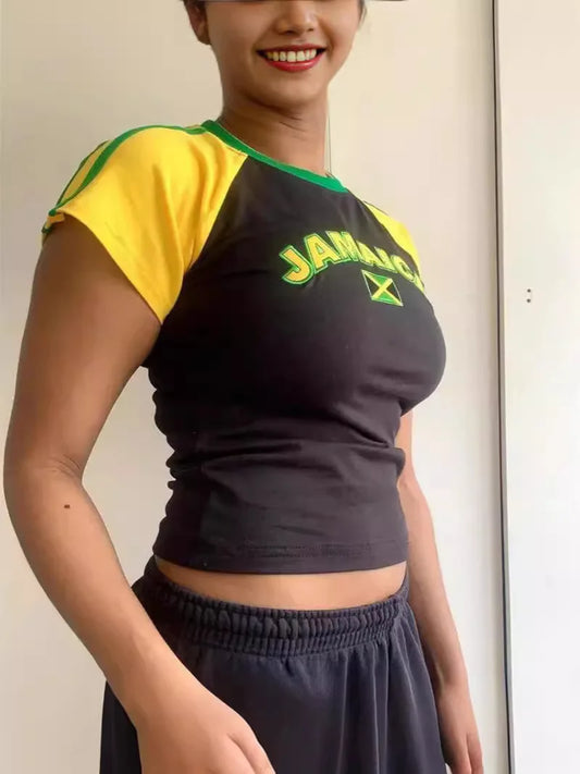 Women Aesthetic Jamaica Letter Print T-shirt Vintage Grunge Short Sleeve Baby Tees 2000s Summer Sexy Crop Tops Gothic Y2k Clothe
