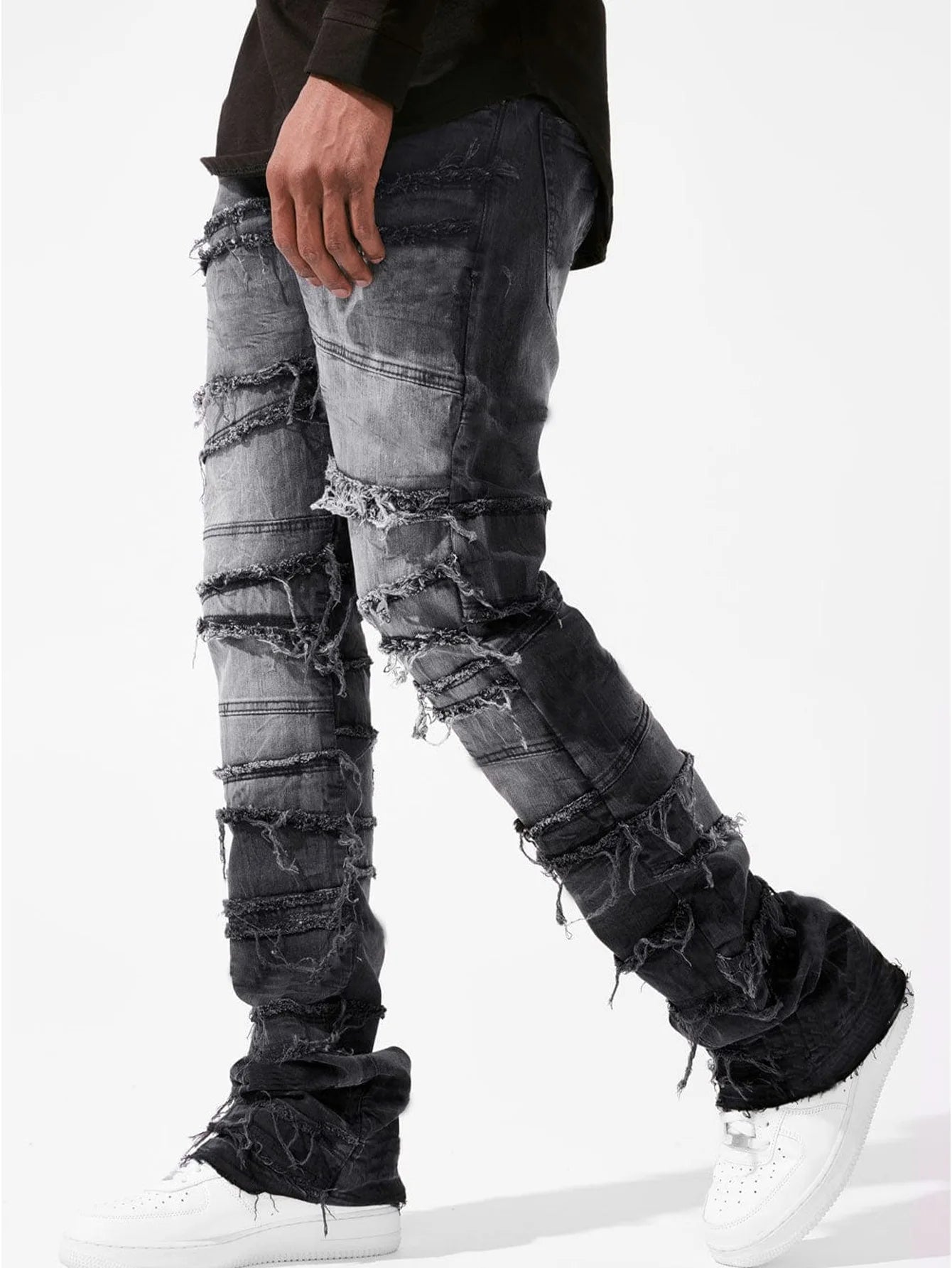 Straight Pant Men Jeans Denim Pants Slim Fit Irregular Folds Tassel Splice Simple Button Pocket High Street Trousers Spring